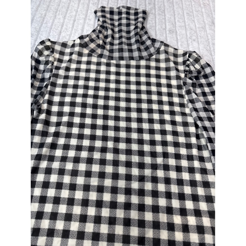 Free People Gingham Check Turtleneck‎ Long Sleeve Shirt Top Black White Size L